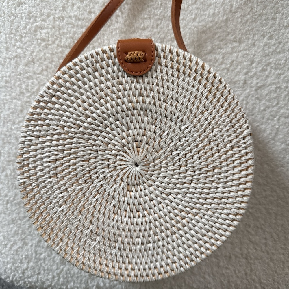 Round Woven Tan and White Crossbody Bag